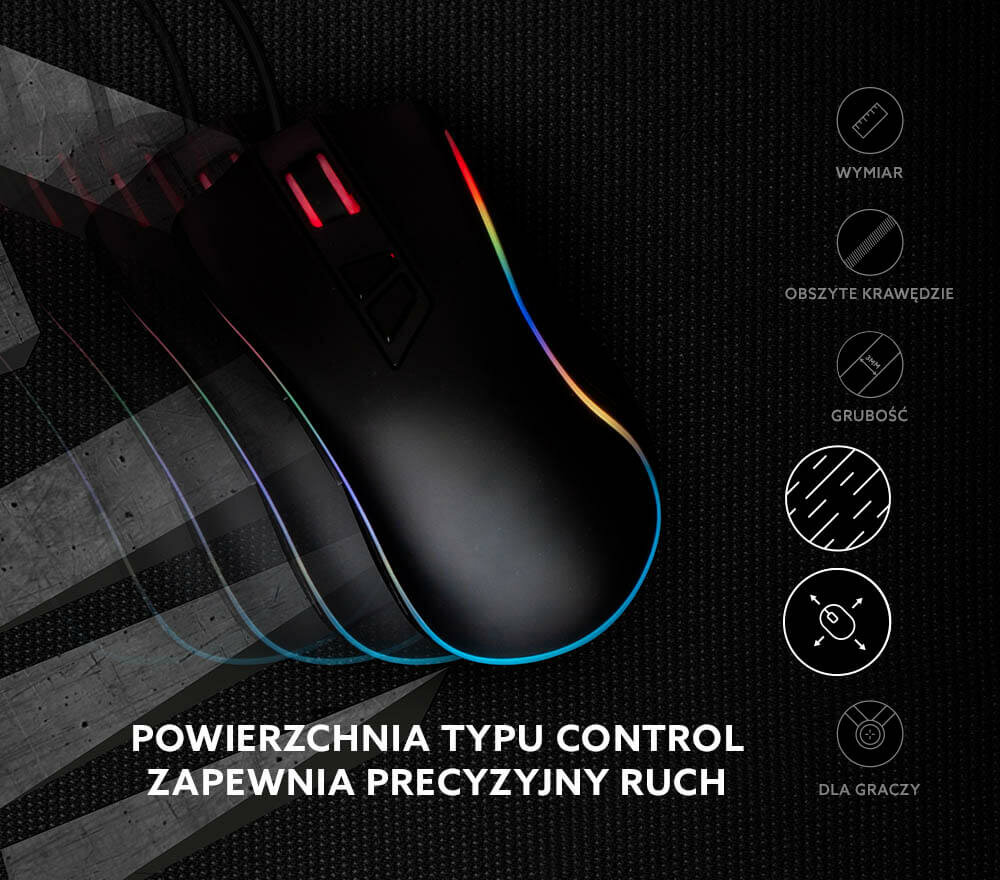 Podkładka pod mysz SAVIO Precision Control XXL GPCXXL widok na mysz na podkładce oraz cechy podkładki zawarte na grafice