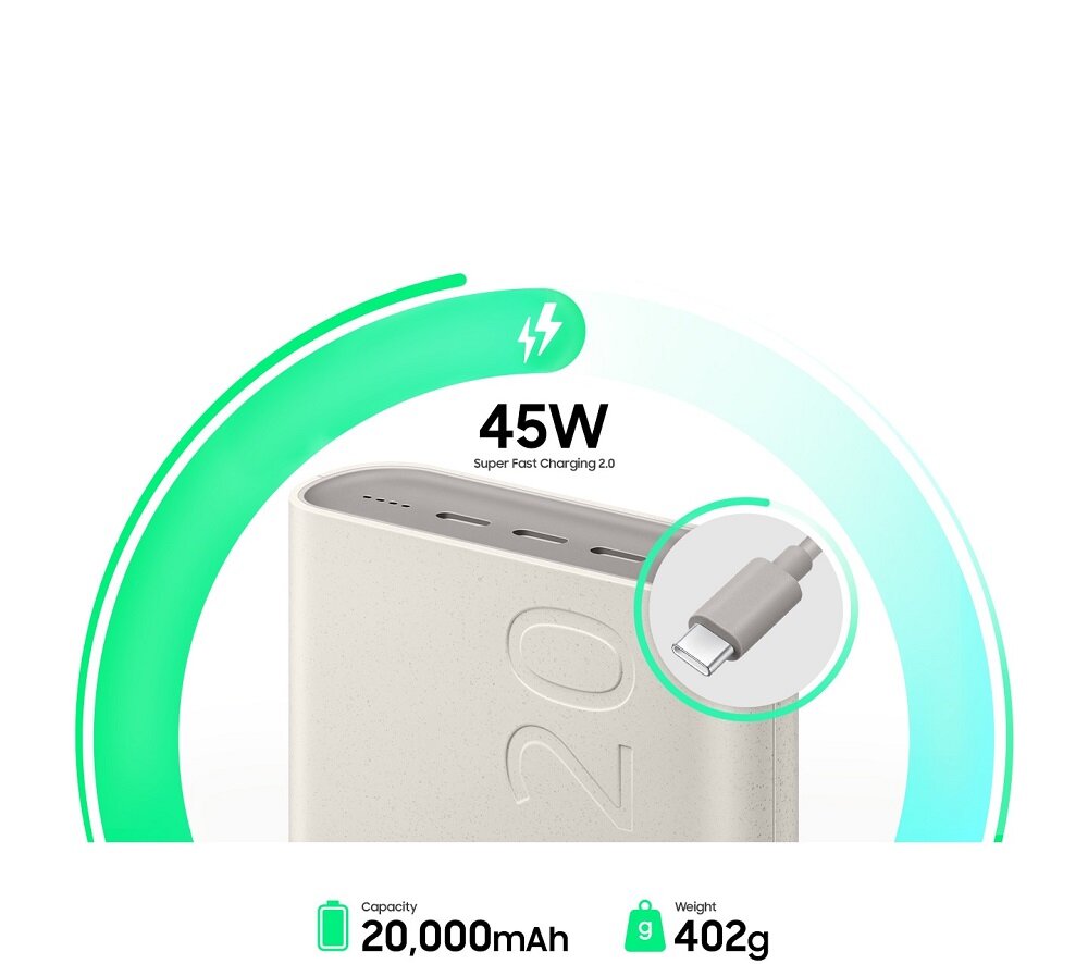 Powerbank Samsung EB-P4520XUEGEU 20000 mAh 45W widok na złącza i końcówkę kabla pod skosem