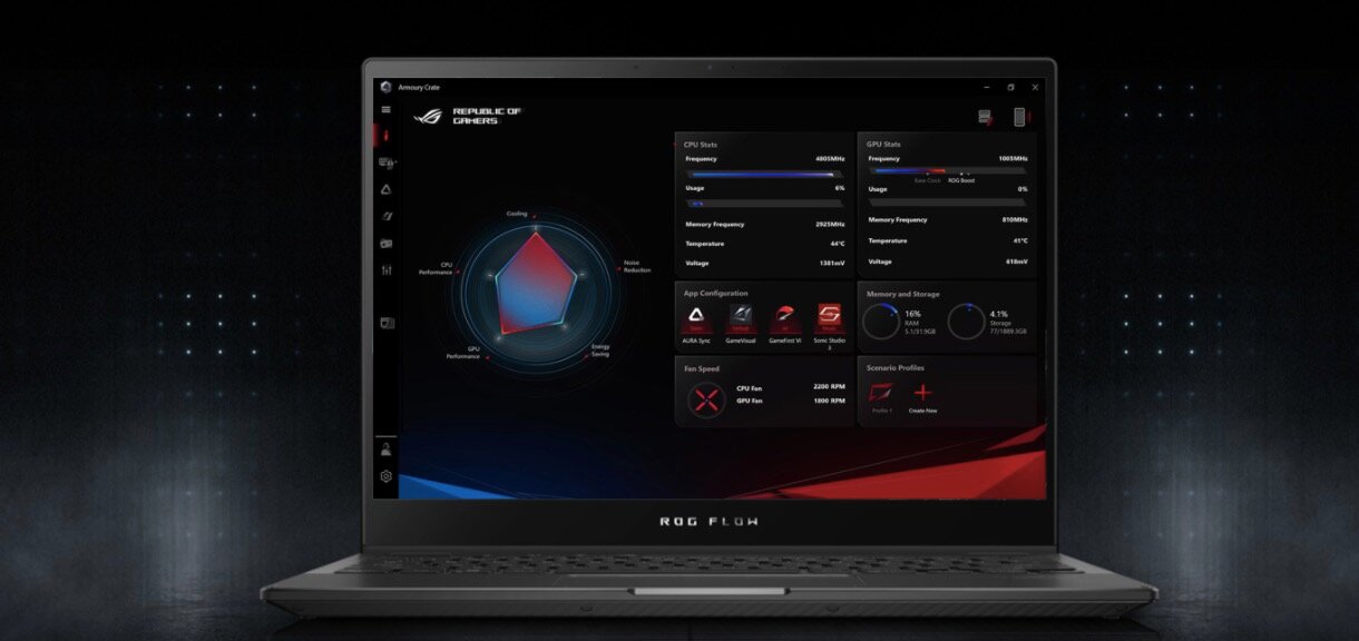 Laptop ASUS ROG Flow X13 GV301 GV301QH-K6015T czarny widok od przodu na ekran przedstawiony interfejs aplikacji Aura Creator