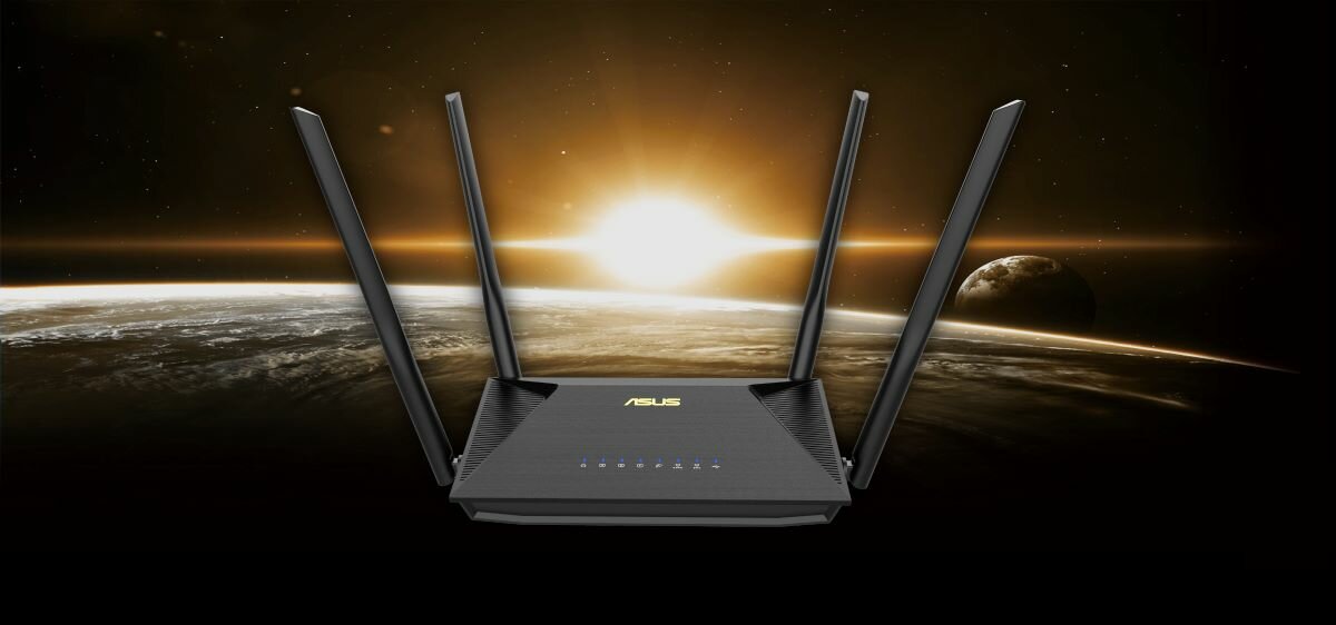 Router Asus RT-AX53U przodem na tle kosmosu