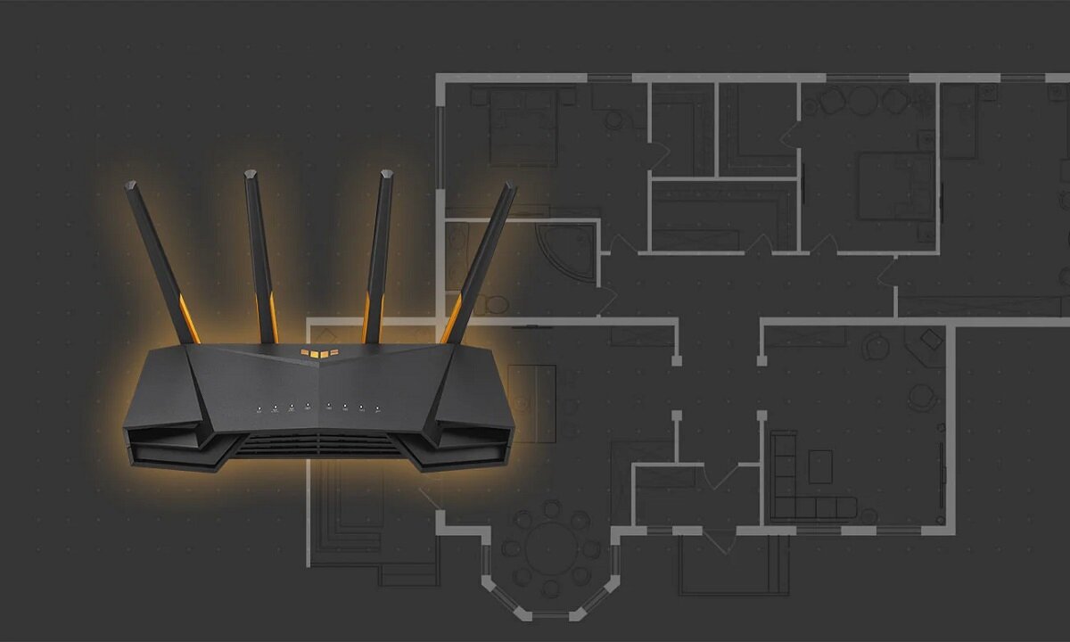 Router Asus TUF-AX3000 V2 router na tle planu mieszkania