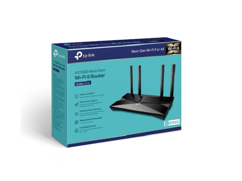 Router TP-Link Archer AX10 SBTPRUBZ6010 widok na opakowanie pod skosem w prawo