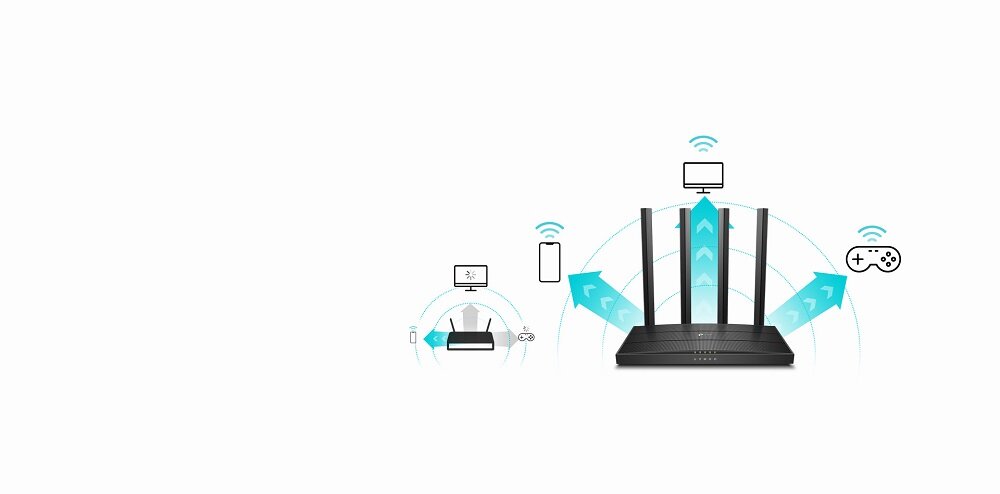 Router TP-Link Archer C80 widok na router od przodu z zaprezentowanymi na grafice możliwościami połączenia