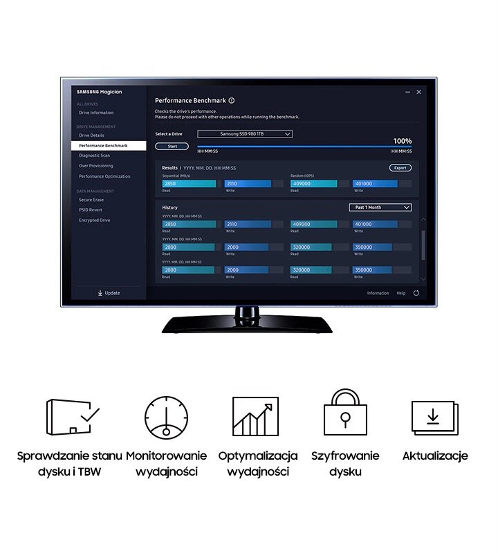 Dysk SSD Samsung 980 MZ-V8V1T0BW 1TB M.2 NVME widok na interfejs aplikacji samsung magician