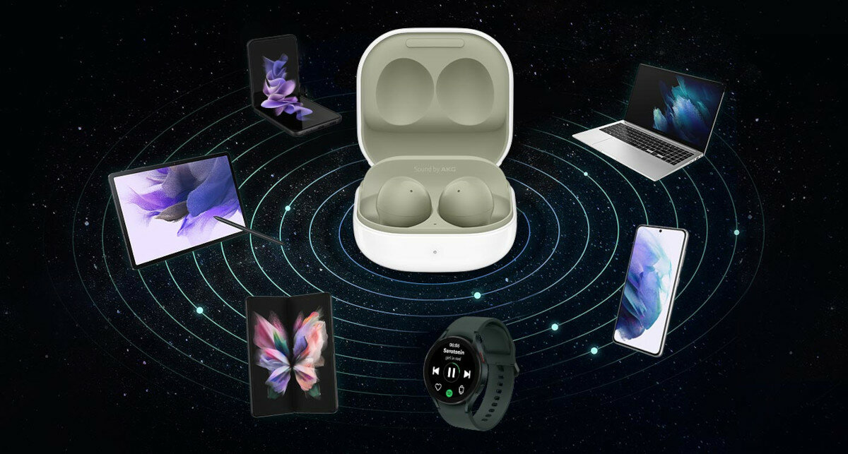 Słuchawki Samsung Galaxy Buds 2 SM-R177 białe urządzenia Galaxy współpracują ze sobą (symulowany obraz na zdjęciu)