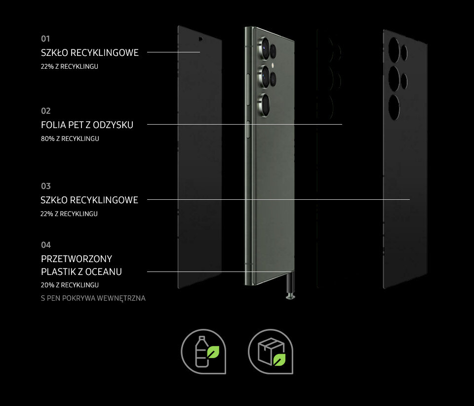 Smartfon Samsung Galaxy S23 Ultra widok na materiały z których składa się smartfon