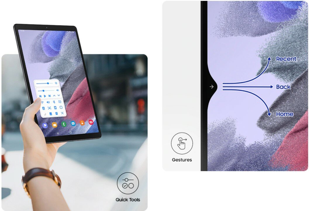 Tablet Samsung Galaxy Tab A7 Lite WiFi T220 srebrny obsługiwanie tabletu jedną ręką