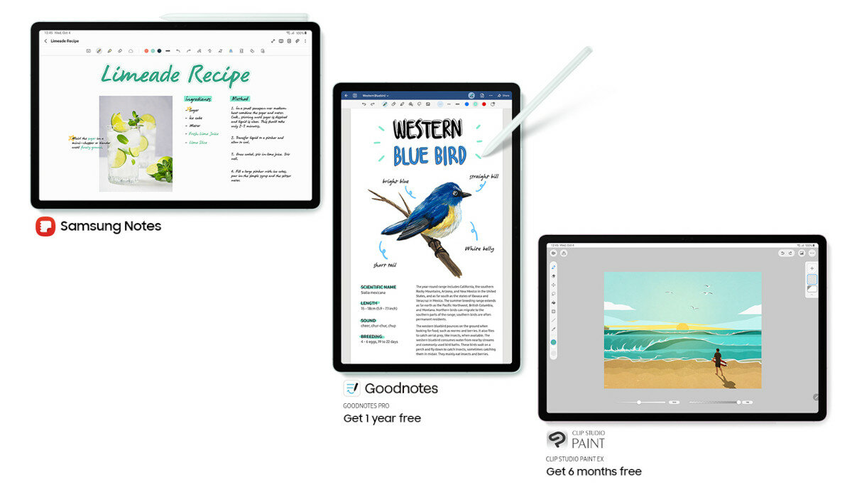 Tablet Samsung Galaxy Tab S9 FE+ grafika przedstawiająca możliwości notowania w aplikacjach Samsung Notes oraz Goodnotes