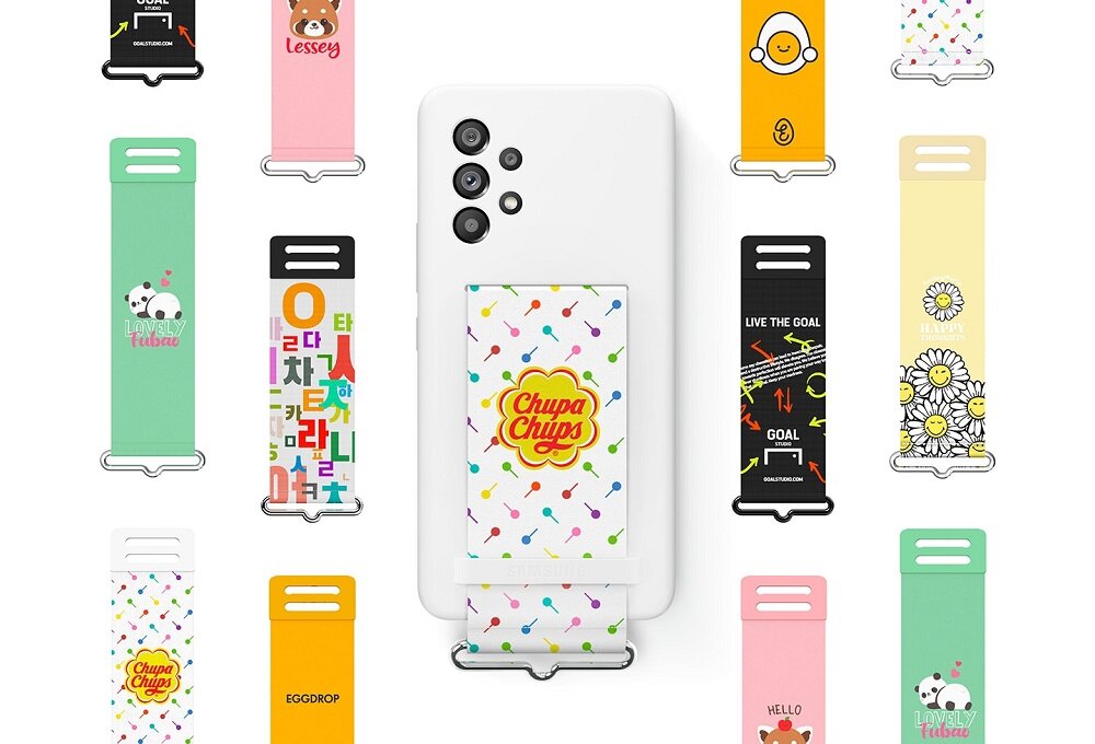 Etui Samsung Silicone Cover Strap EF-GA536TNEGWW widok na etui na pleckach telefonu od frontu oraz na wymienne paski dookoła niego