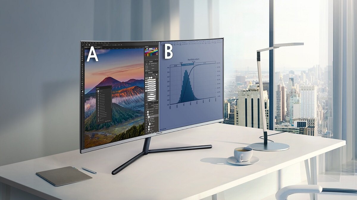 Monitor Samsung UR59C 32” zakrzywiony grafika przedstawia zastosowanie funkcji Picture-By-Picture