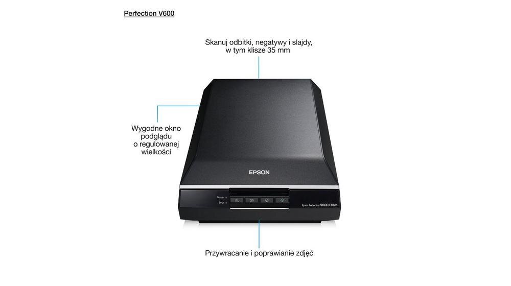 Skaner Epson Perfection V600 CCD od frontu z opisem cech