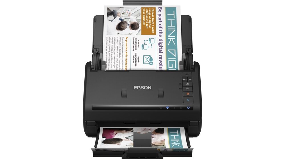 Skaner Epson WorkForce ES-500WII A4 widok skanera od przodu ze skanowanym dokumentem