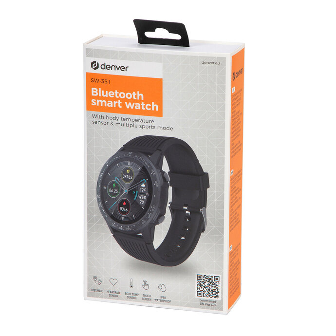 Smartwatch Denver SW-351 czarny widok na opakowanie pod skosem