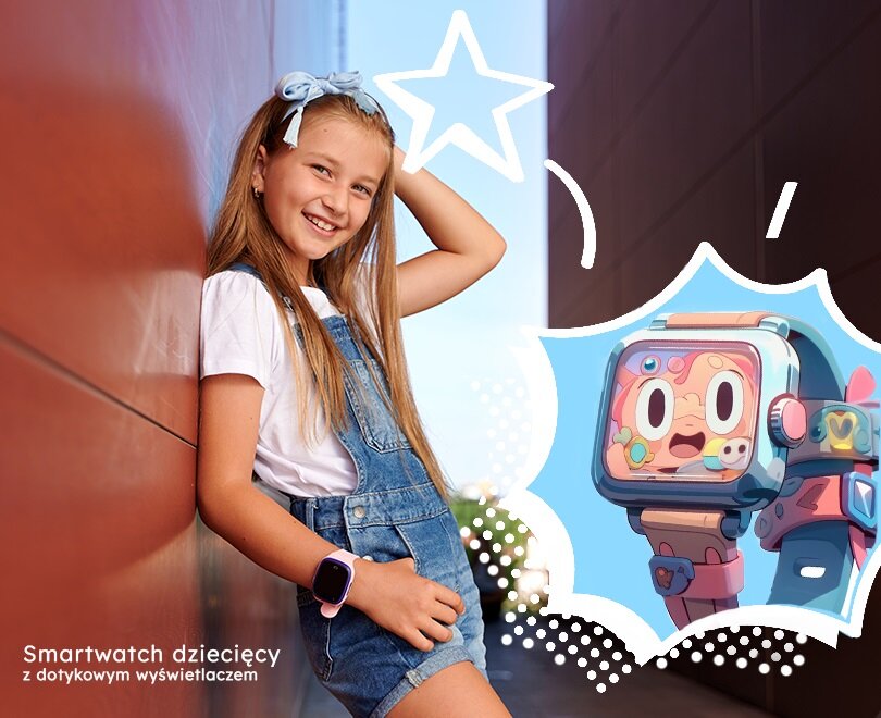 Smartwatch Garett Kids Rock 4G RT różowy stojąca dziewczynka ze smartwatchem