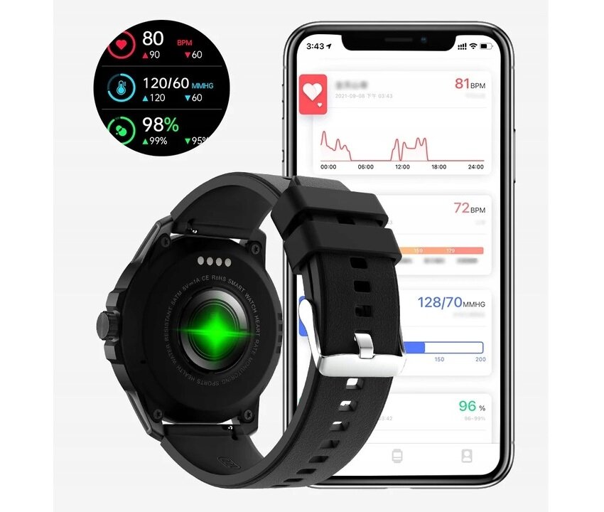 Smartwatch Kumi GW2 KU-GW2/SL pod skosem w lewo z widocznym czujnikiem na spodzie oraz smartfon od frontu z włączoną aplikacją na ekranie