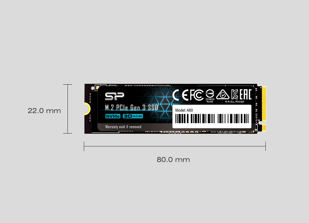 Dysk SSD Silicon Power A60 od frontu z wymiarami na grafice