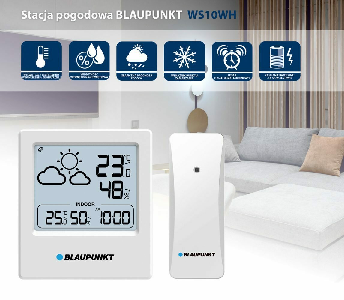 Stacja pogodowa Blaupunkt WS10WH biała widok stacji pogodowej i czujnika na tle pokoju