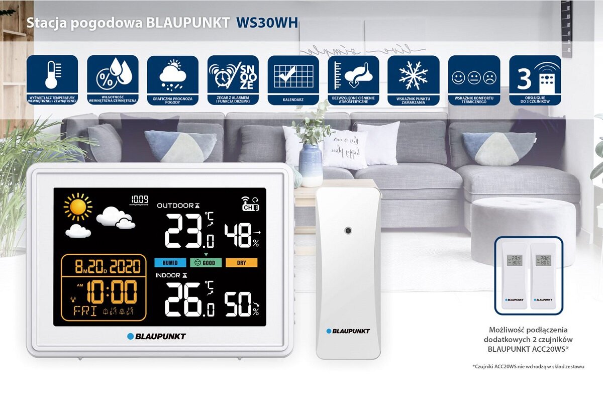 Stacja pogodowa Blaupunkt WS30WH biała stacja i czujnik na tle pokoju