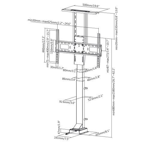 Uchwyt elektryczny do TV Maclean MC-866 37-65 max 50kg VESA 600x400 schemat budowy uchwytu