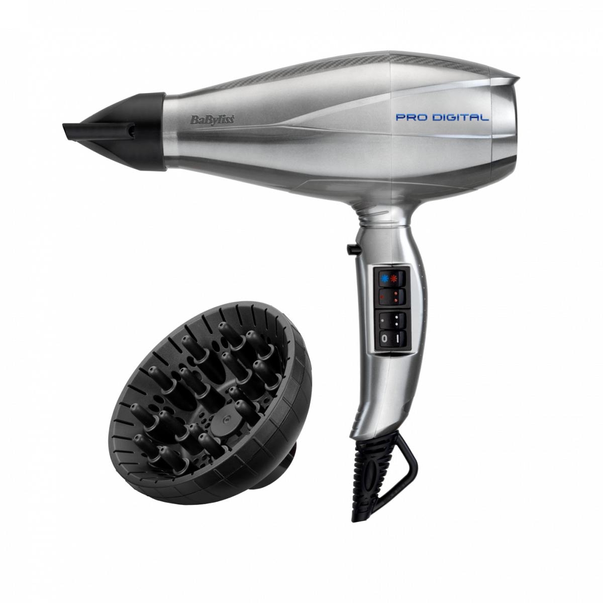 Suszarka do włosów Babyliss Pro Digital 6000E 2200W Srebrna widok od przodu na bok