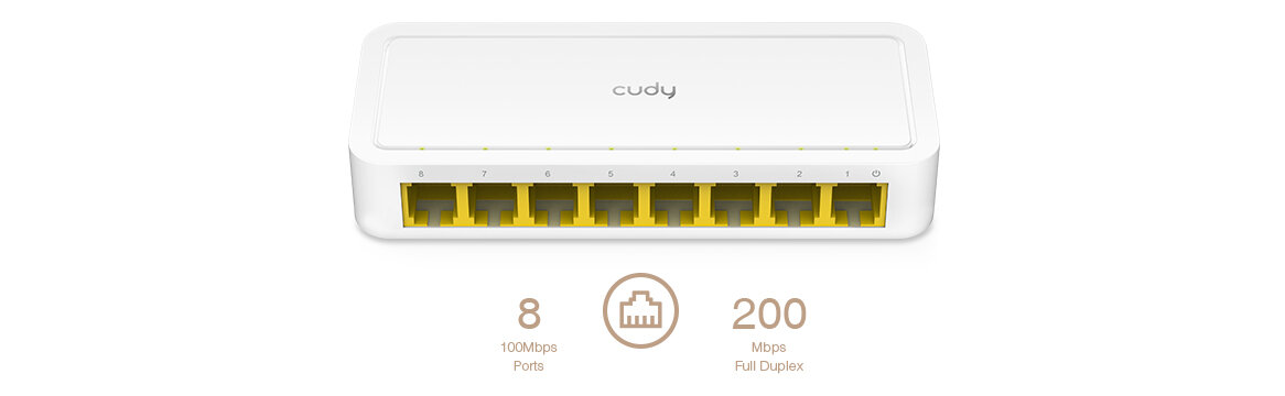 Switch Cudy FS108D 10/100 Mbps widok switcha od przodu z informacją o 8 portach i trybie Full Duplex