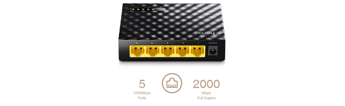 Switch Cudy GS105D Gigabit widok switcha od przodu z informacją o pięciu gigabitowych portach i trybie Full Duplex