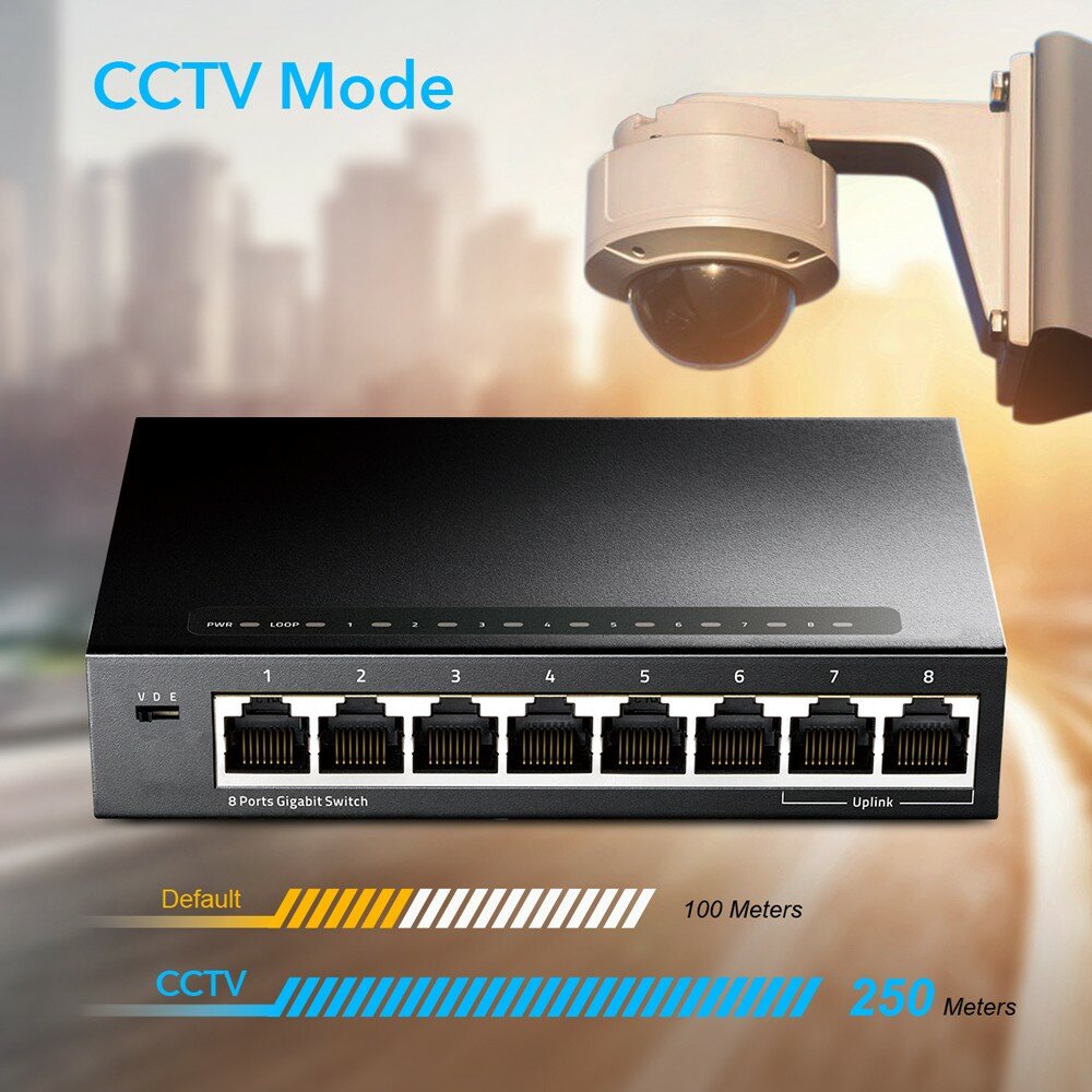 Switch Cudy GS108 Gigabit switch na tle kamery