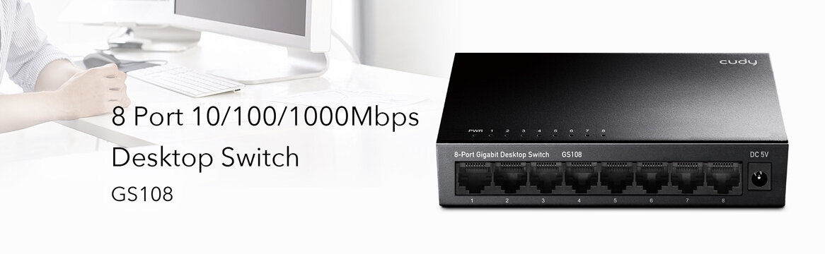 Switch Cudy GS108 Gigabit widok switcha od przodu z informacją 8 gigabitowych portach