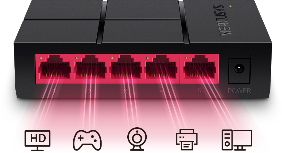 Switch Mercusys MS105G z tyłu na białym tle