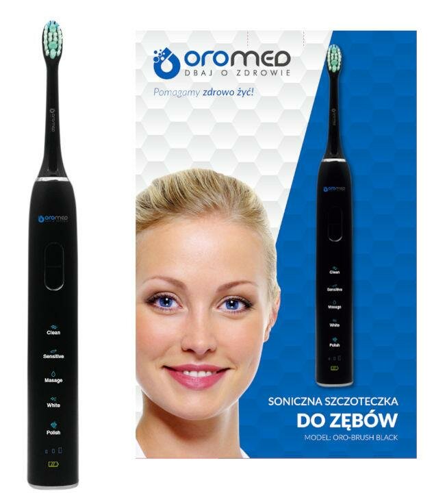 Szczoteczka do zębów Oromed Oro-Brush Black Soniczna z przodu wraz z pudełkiem