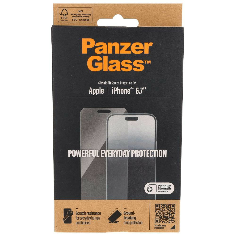 Szkło hartowane PanzerGlass Classic Fit iPhone 15 antybakteryjne opakowanie od frontu