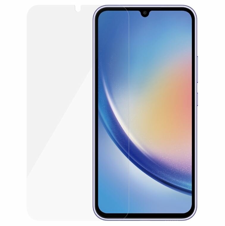 Szkło ochronne PanzerGlass Safe do Samsunga Galaxy A34 5G widok od frontu na szkło i kompatybilny telefon