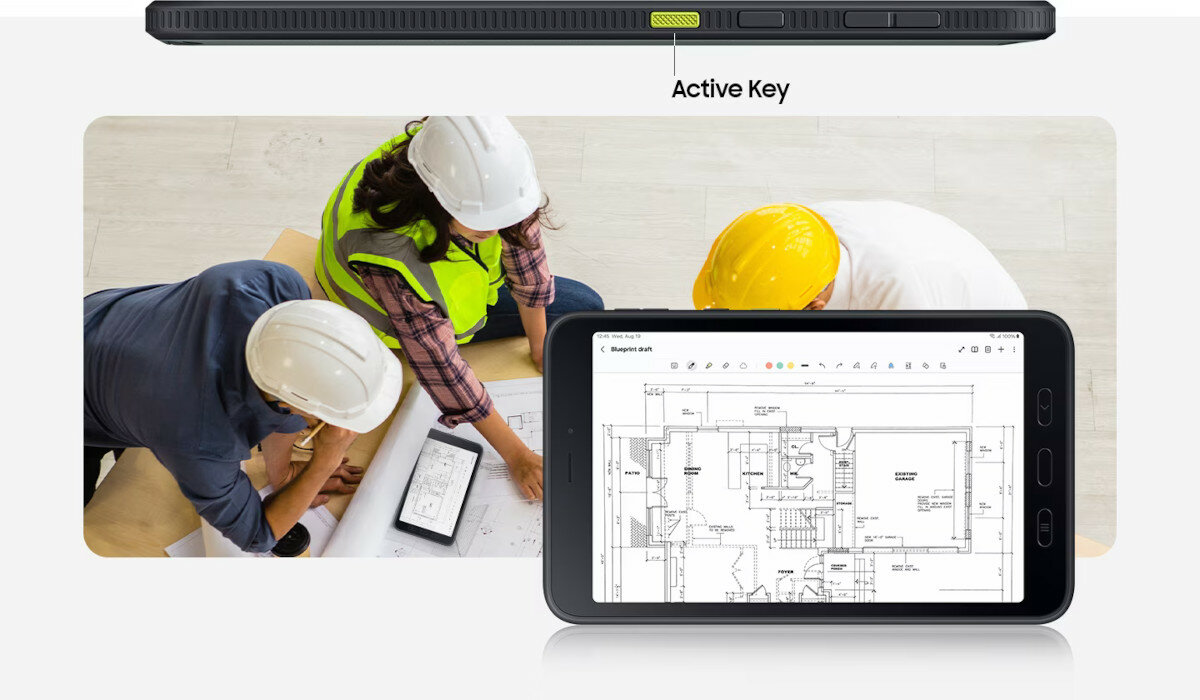 Tablet Samsung Galaxy Tab Active5 5G 6/128GB grafika przedstawiająca trzy osoby przy rysunku technicznym oraz funckję Active Key
