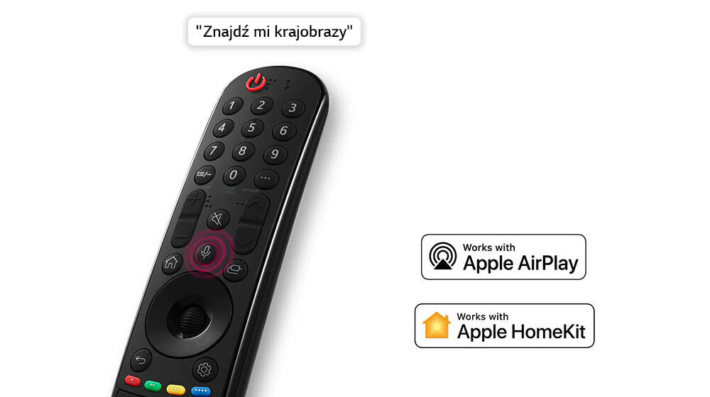 Telewizor LG 43NANO763QA NanoCell 43” widok na dołączony do telewizora pilot dający możliwość obsługi głosem, pracujący z aplikacjami Apple AirPlay i Homekit