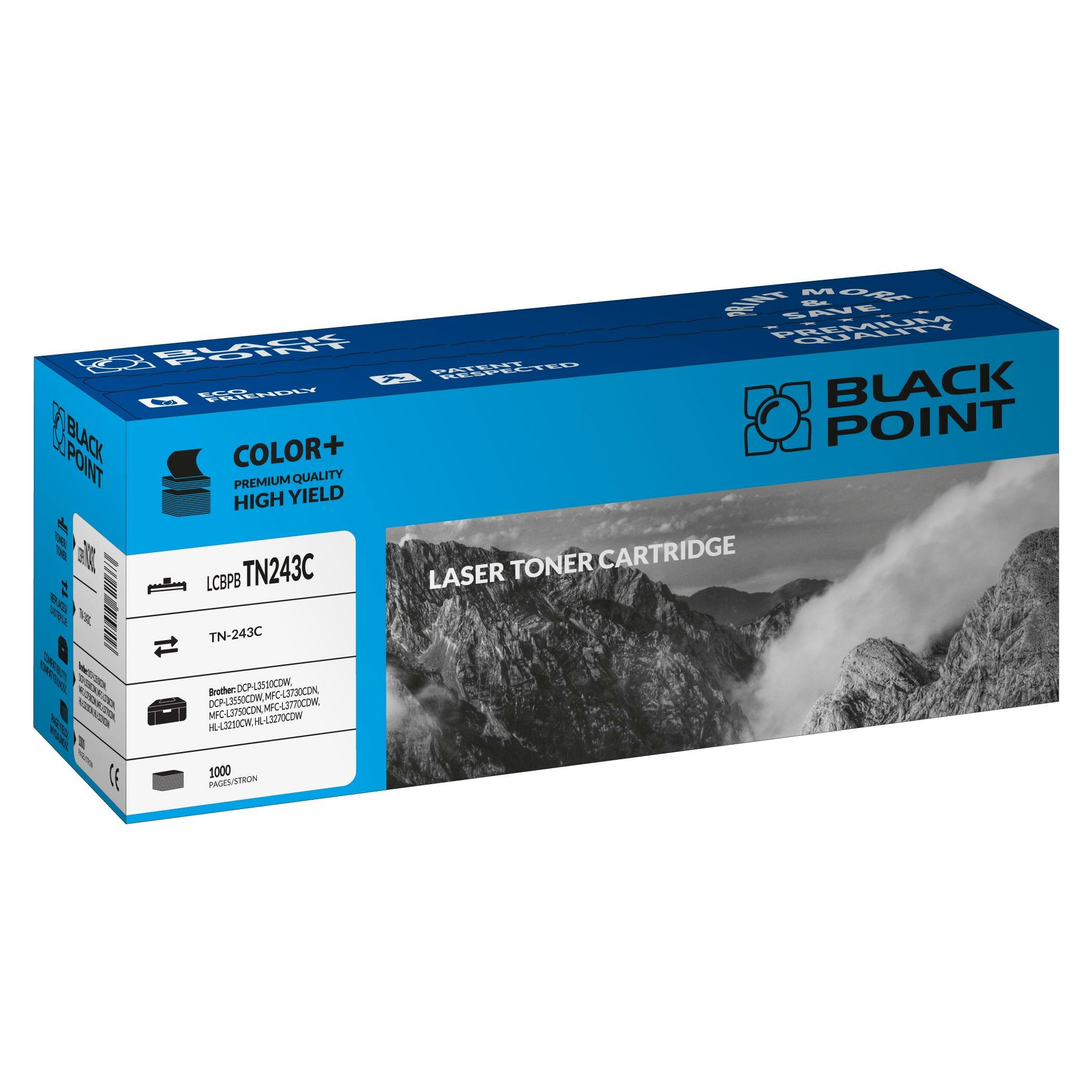 Toner laserowy Black Point LCBPBTN243C widok pod kątem na opakowanie