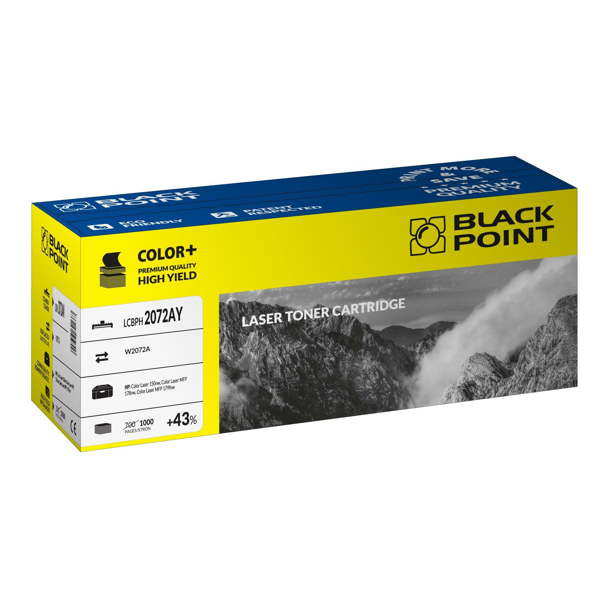 Toner laserowy Black Point LCBPH2072AY widok pod kątem na opakowanie