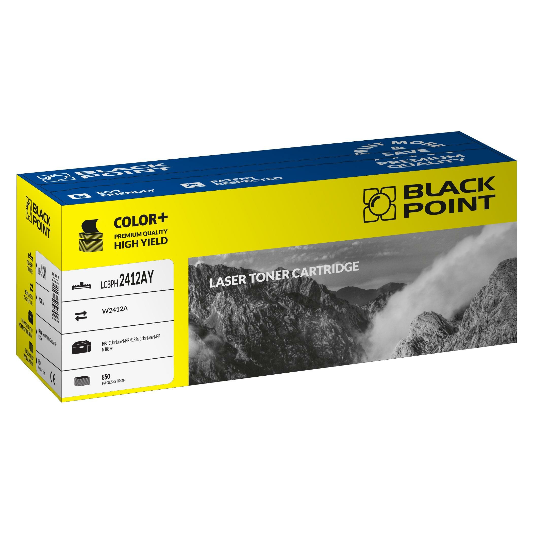 Toner laserowy Black Point LCBPH2412AY widok pod kątem na opakowanie