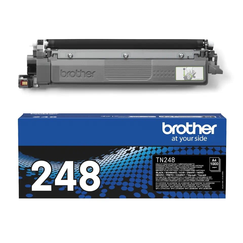 Toner Brother TN-248BK czarny widok na toner i opakowanie od przodu