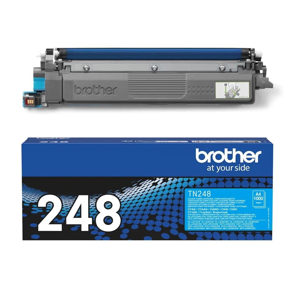 Toner Brother TN-248C cyjan widok na toner i opakowanie od przodu