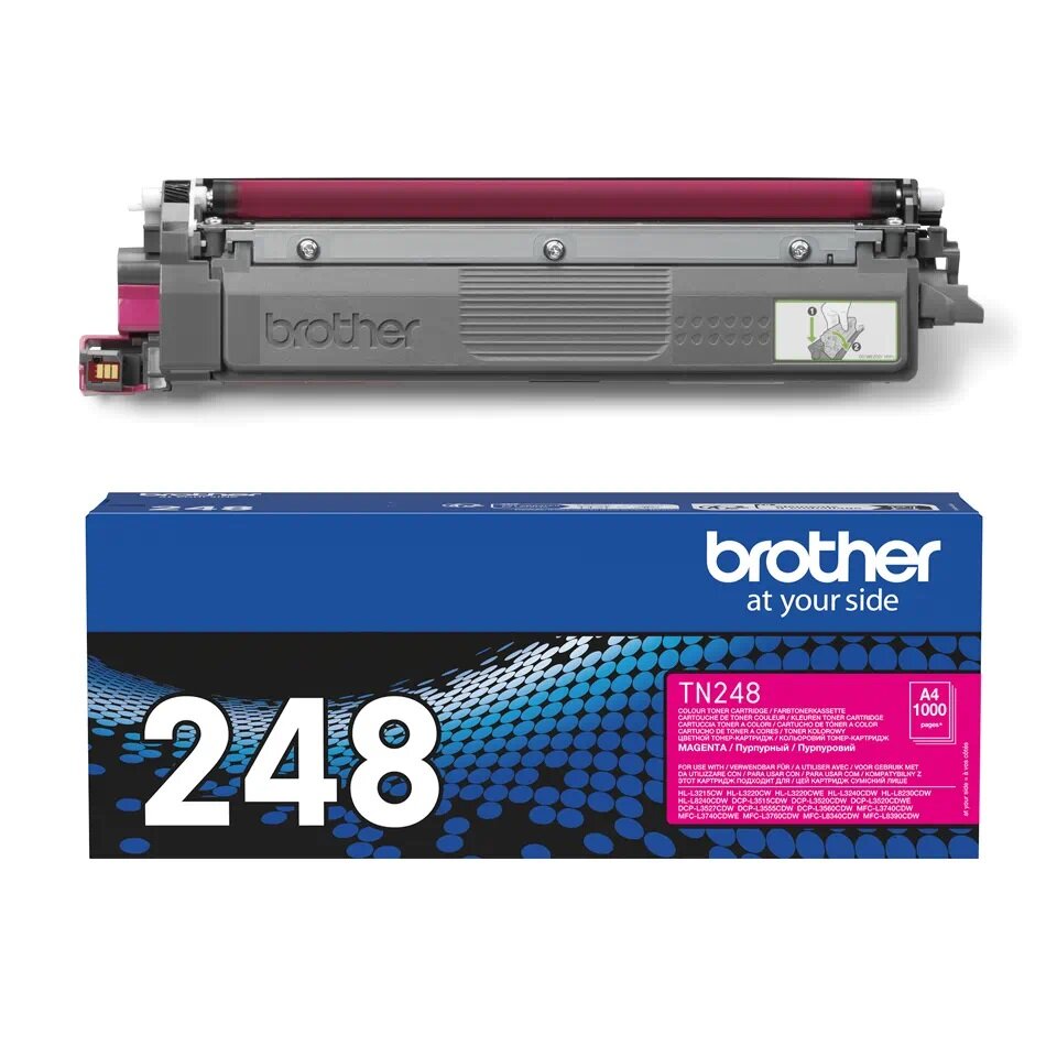 Toner Brother TN-248M magenta widok na toner i opakowanie od przodu