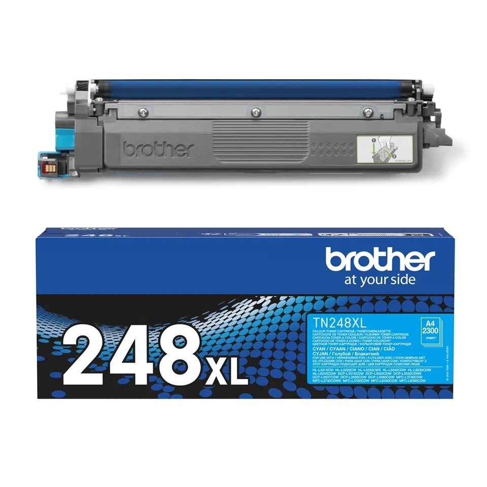 Toner Brother TN-248XLC cyjan widok na toner i opakowanie od przodu