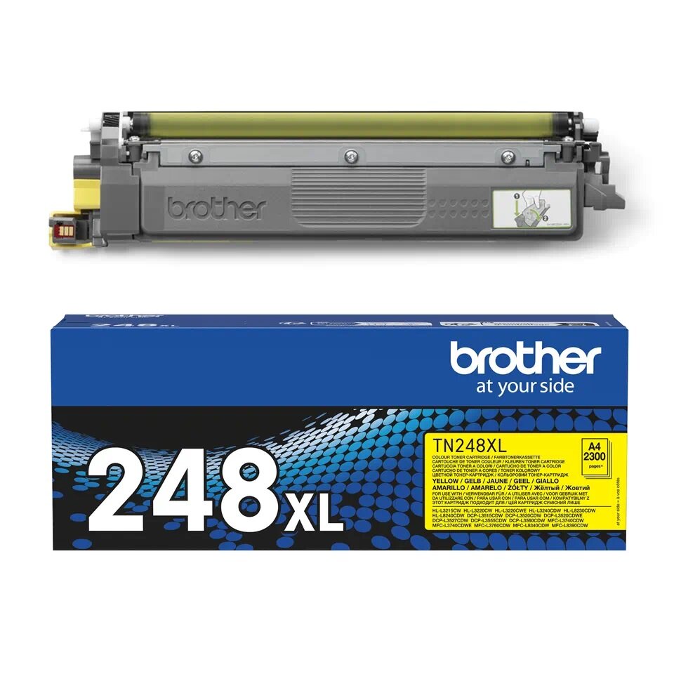 Toner Brother TN-248XLY żółty widok na toner i opakowanie od przodu