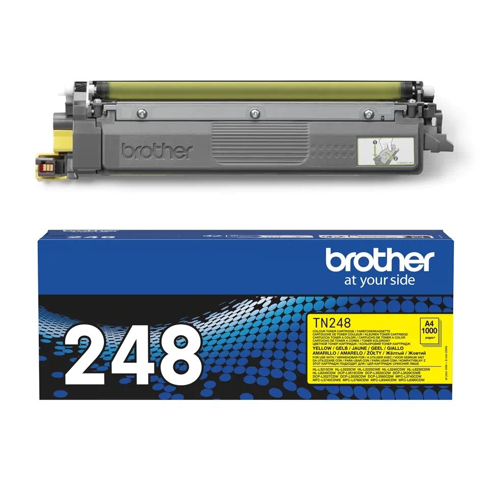 Toner Brother TN-248Y żółty widok na toner i opakowanie od przodu