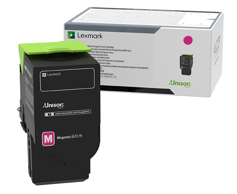 Toner Lexmark C2320M0 Purpurowy (magenta) z przodu wraz z pudełkiem