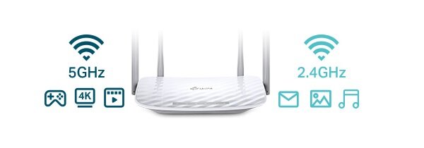 Router TP-Link Archer C50 widok od frontu i na zamieszczone na grafice częstotliwości działania