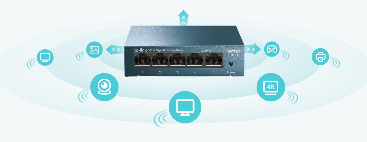 Switch TP-Link LS105G frontem na białoniebieskim tle