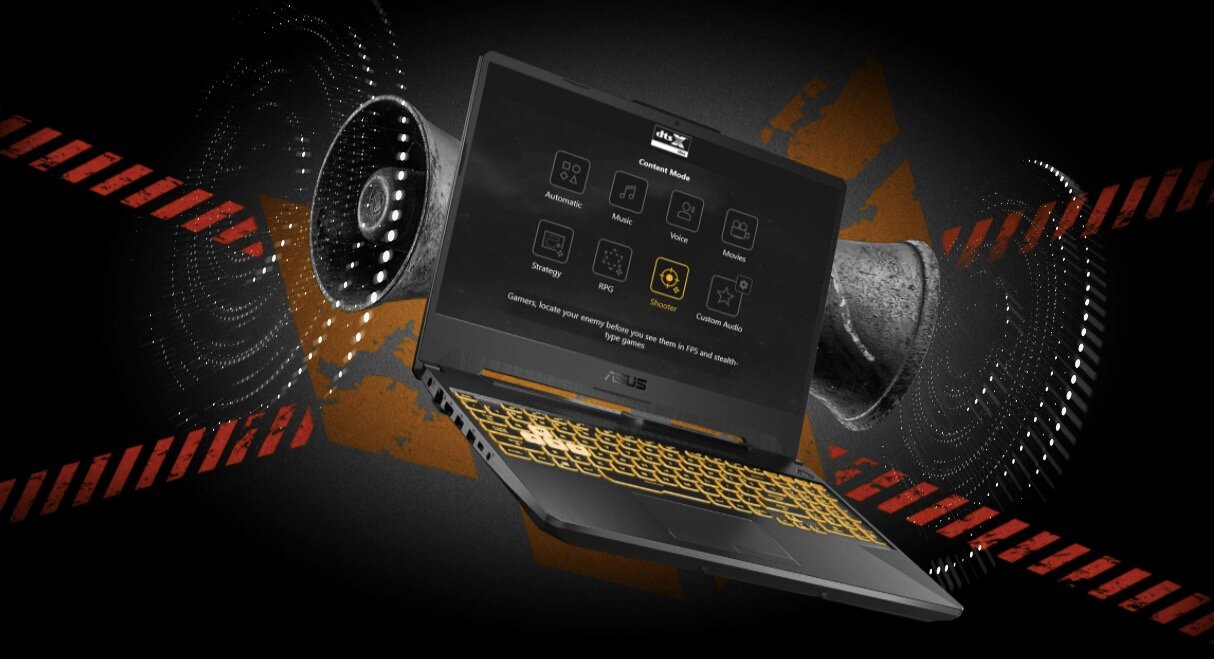 Laptop ASUS TUF Gaming A15 FA506QM-HN005T szary widok od dołu na przód laptopa wizualizacja rochodzących się fal dźwiękowych