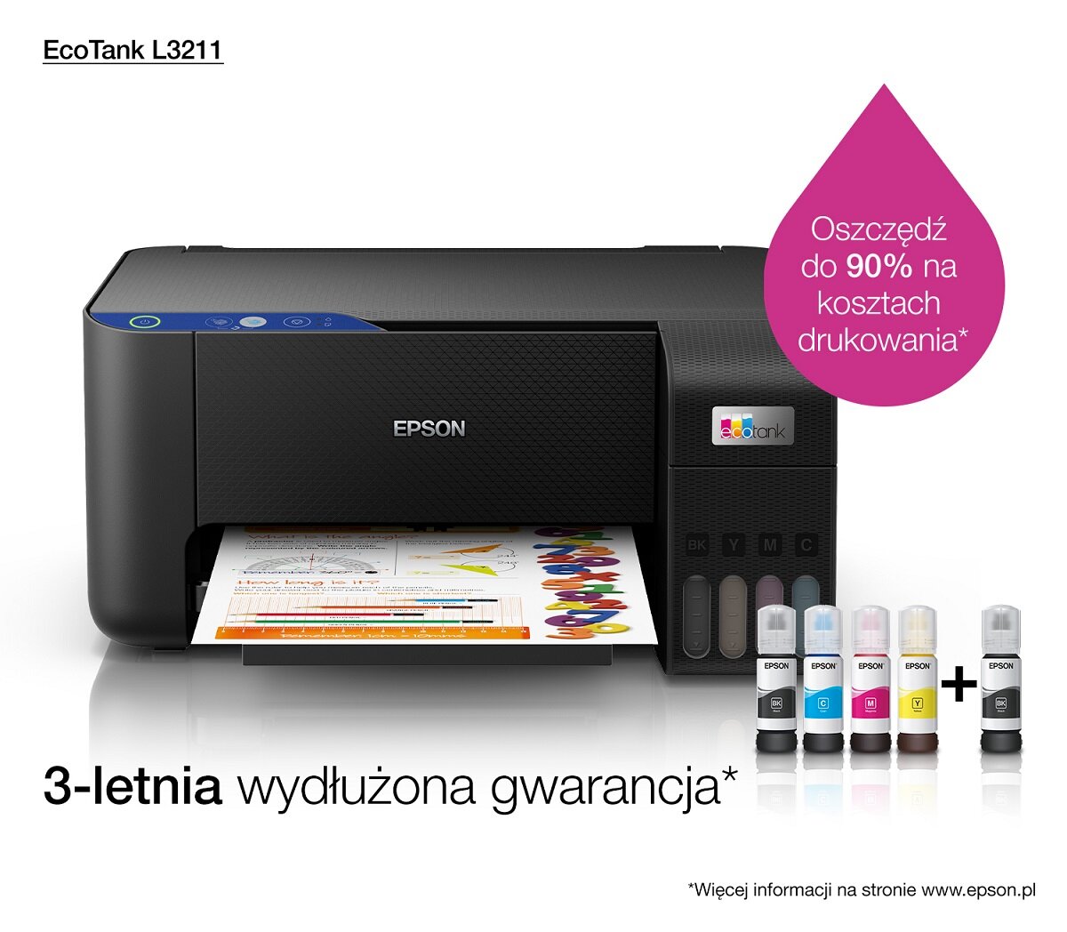 Urządzenie wielofunkcyjne Epson EcoTank L3211 A4 widok urządzenia od przodu z butelkami z tuszem