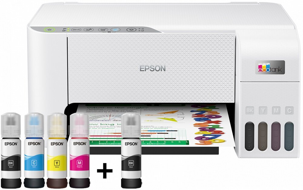 Urządzenie wielofunkcyjne Epson EcoTank L3256 widok od przodu na urządzenie i na butelki z atramentem