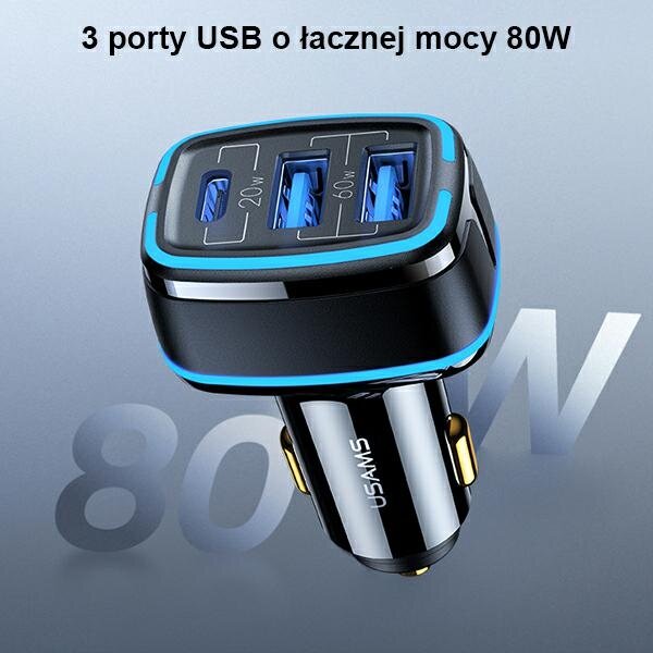 Ładowarka samochodowa USAMS C24 CC126TC01 (US-CC126) 2xUSB+1xUSB-C urządzenie od góry, wejścia 